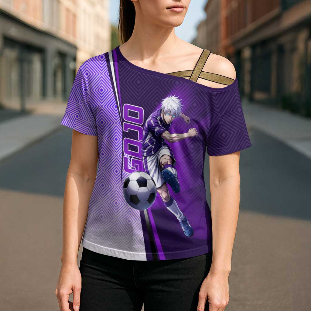 Personalized Gojo Satoru Jujutsu Kaisen Soccer Theme Cross Shoulder Shirt with Kicking Pose and Purple Gradient Geometric Graphic Design - The Mazicc