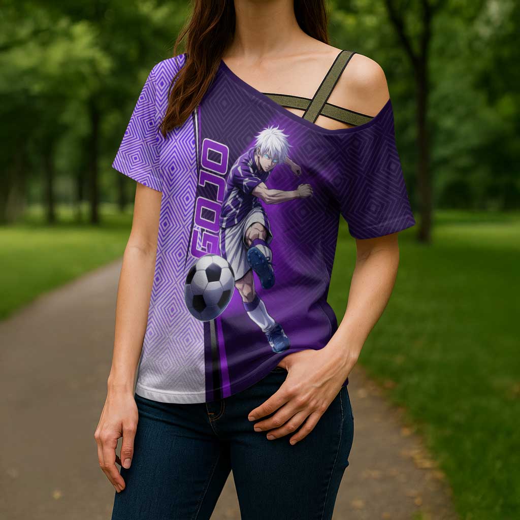 Personalized Gojo Satoru Jujutsu Kaisen Soccer Theme Cross Shoulder Shirt with Kicking Pose and Purple Gradient Geometric Graphic Design - The Mazicc