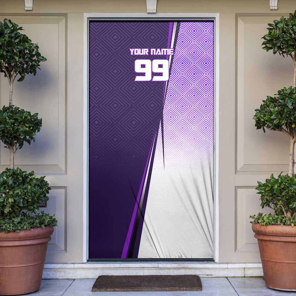 Personalized Gojo Satoru Jujutsu Kaisen Soccer Theme Door Cover with Kicking Pose and Purple Gradient Geometric Graphic Design - The Mazicc