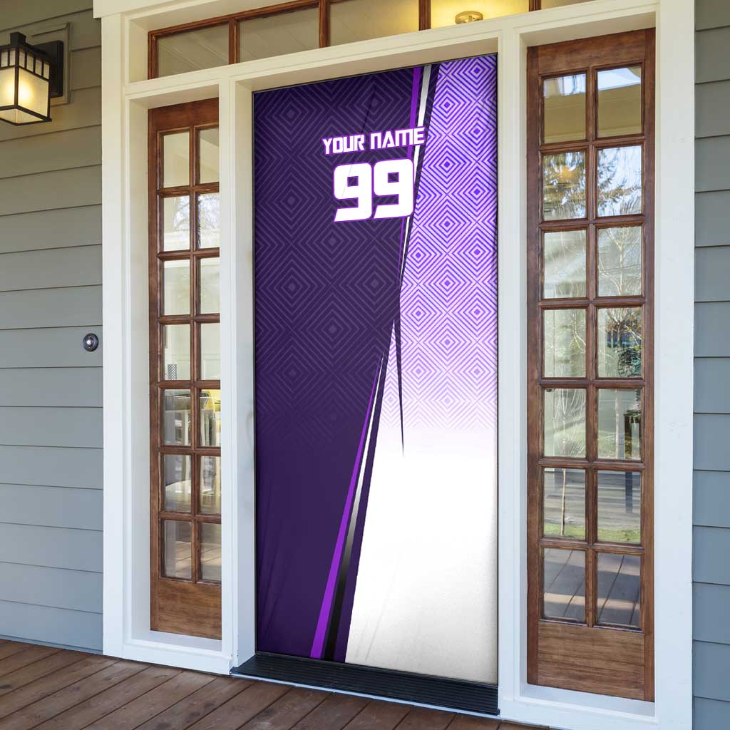 Personalized Gojo Satoru Jujutsu Kaisen Soccer Theme Door Cover with Kicking Pose and Purple Gradient Geometric Graphic Design - The Mazicc