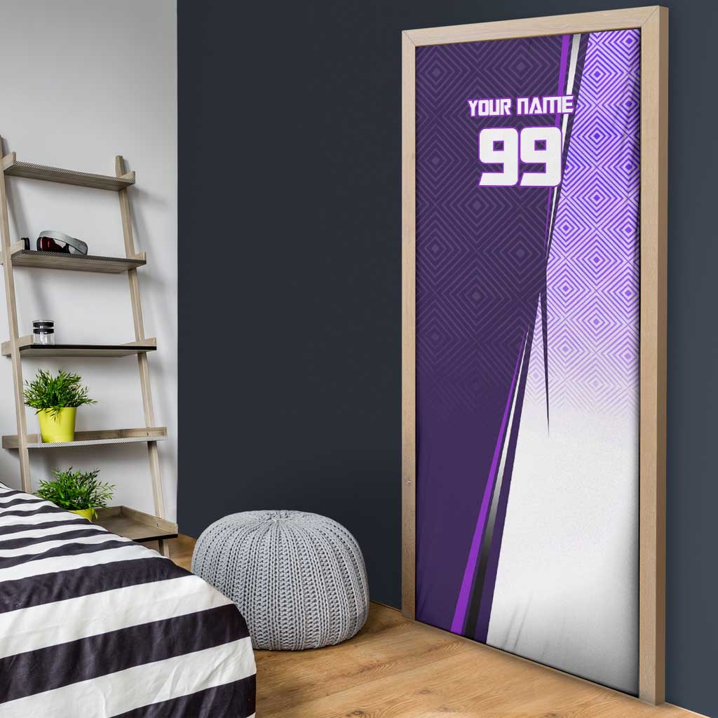 Personalized Gojo Satoru Jujutsu Kaisen Soccer Theme Door Cover with Kicking Pose and Purple Gradient Geometric Graphic Design - The Mazicc