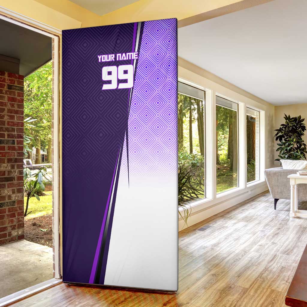 Personalized Gojo Satoru Jujutsu Kaisen Soccer Theme Door Cover with Kicking Pose and Purple Gradient Geometric Graphic Design - The Mazicc