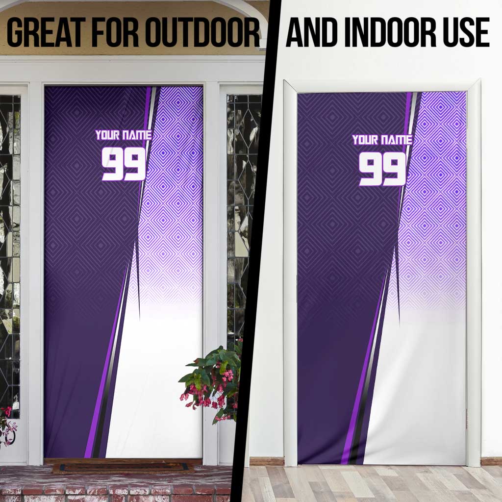 Personalized Gojo Satoru Jujutsu Kaisen Soccer Theme Door Cover with Kicking Pose and Purple Gradient Geometric Graphic Design - The Mazicc