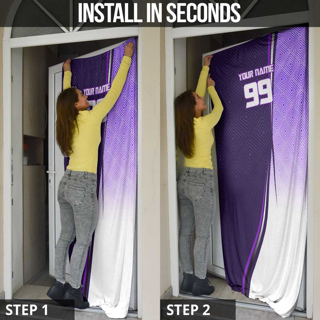 Personalized Gojo Satoru Jujutsu Kaisen Soccer Theme Door Cover with Kicking Pose and Purple Gradient Geometric Graphic Design - The Mazicc