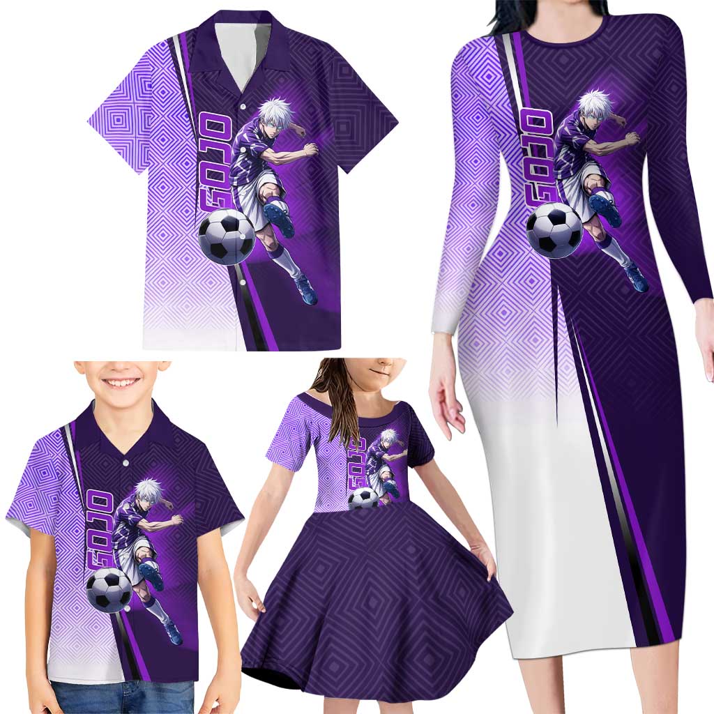 Personalized Gojo Satoru Jujutsu Kaisen Soccer Theme Family Matching Long Sleeve Bodycon Dress and Hawaiian Shirt with Kicking Pose and Purple Gradient Geometric Graphic Design