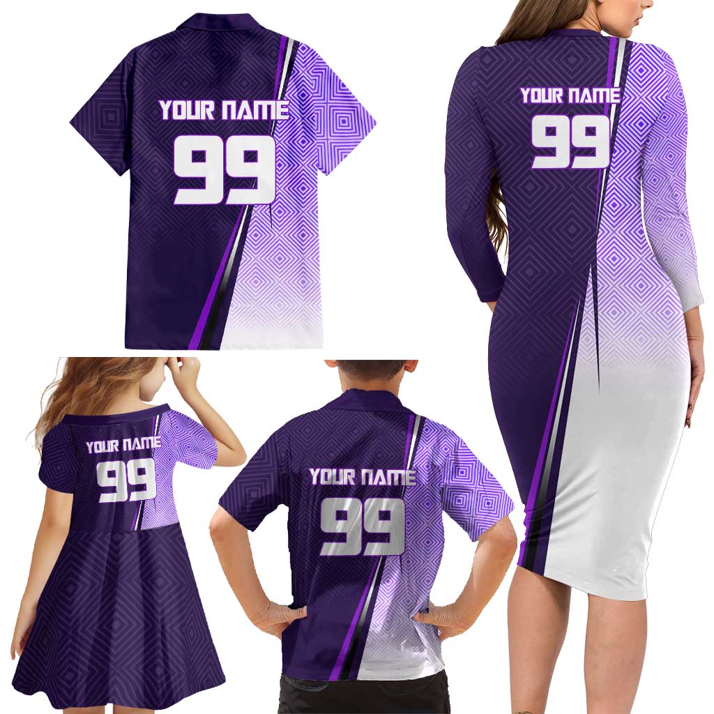 Personalized Gojo Satoru Jujutsu Kaisen Soccer Theme Family Matching Long Sleeve Bodycon Dress and Hawaiian Shirt with Kicking Pose and Purple Gradient Geometric Graphic Design