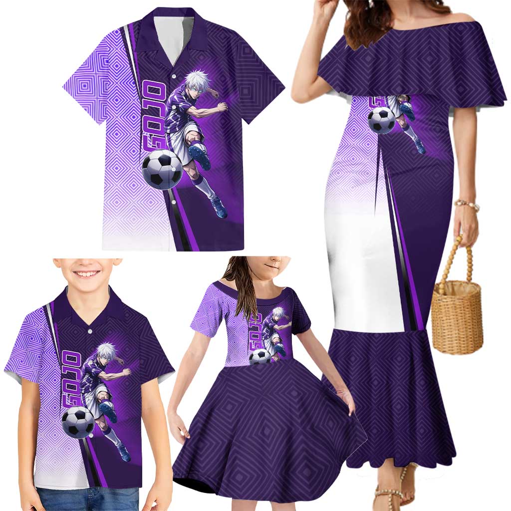 Personalized Gojo Satoru Jujutsu Kaisen Soccer Theme Family Matching Mermaid Dress and Hawaiian Shirt with Kicking Pose and Purple Gradient Geometric Graphic Design