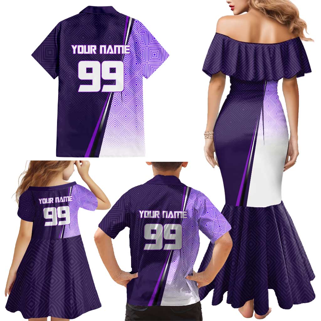 Personalized Gojo Satoru Jujutsu Kaisen Soccer Theme Family Matching Mermaid Dress and Hawaiian Shirt with Kicking Pose and Purple Gradient Geometric Graphic Design