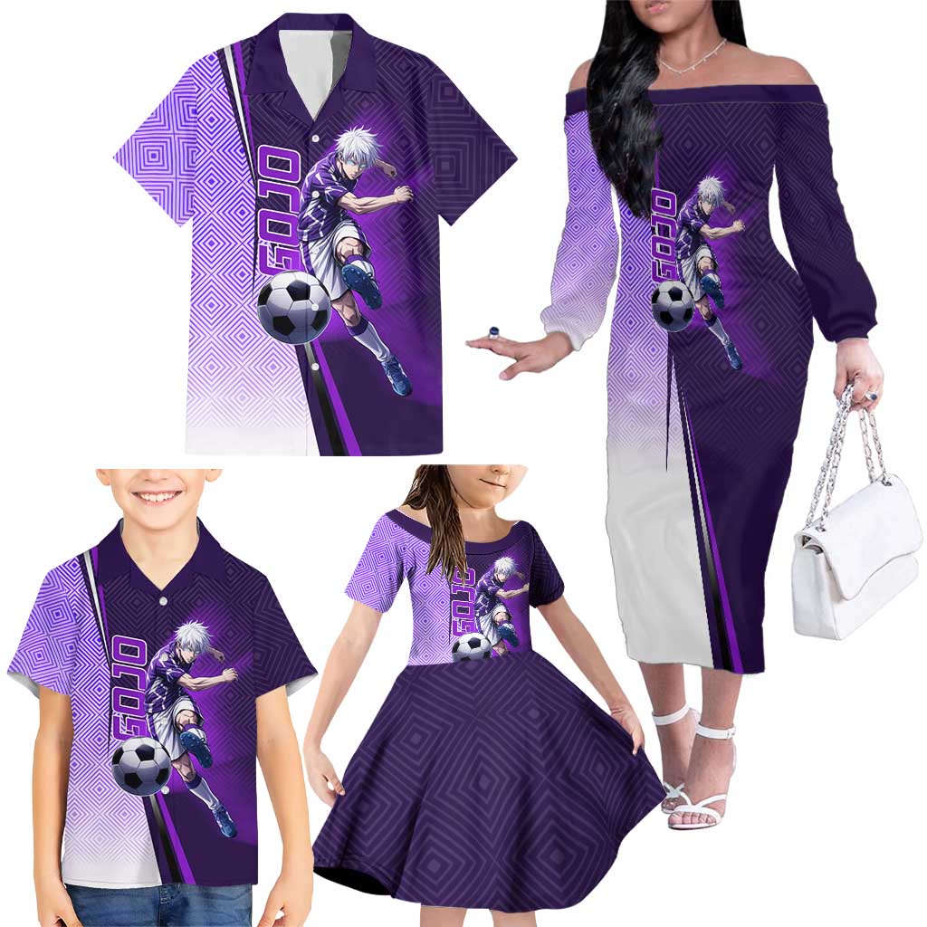Personalized Gojo Satoru Jujutsu Kaisen Soccer Theme Family Matching Off The Shoulder Long Sleeve Dress and Hawaiian Shirt with Kicking Pose and Purple Gradient Geometric Graphic Design