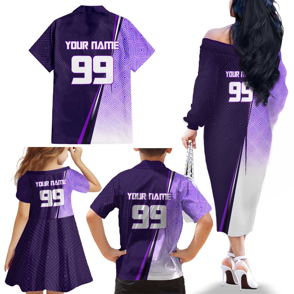 Personalized Gojo Satoru Jujutsu Kaisen Soccer Theme Family Matching Off The Shoulder Long Sleeve Dress and Hawaiian Shirt with Kicking Pose and Purple Gradient Geometric Graphic Design