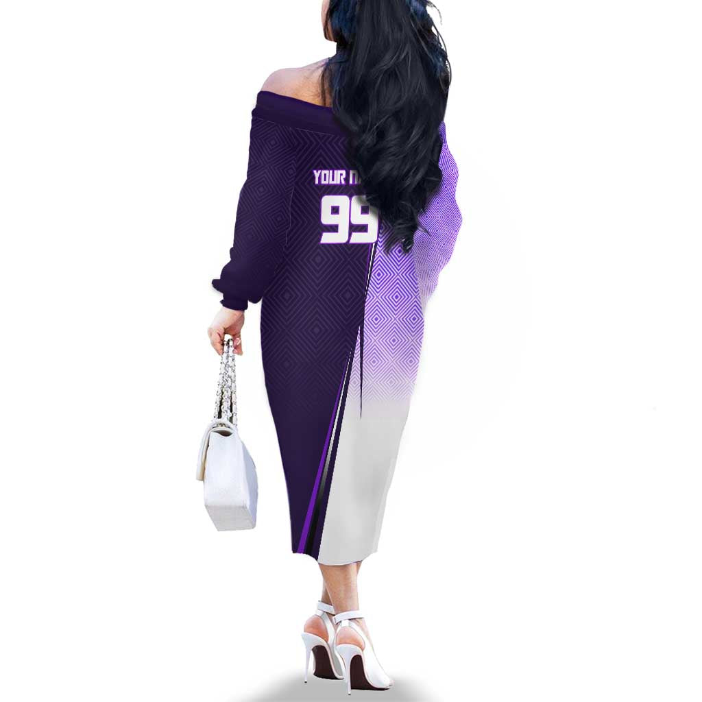 Personalized Gojo Satoru Jujutsu Kaisen Soccer Theme Family Matching Off The Shoulder Long Sleeve Dress and Hawaiian Shirt with Kicking Pose and Purple Gradient Geometric Graphic Design