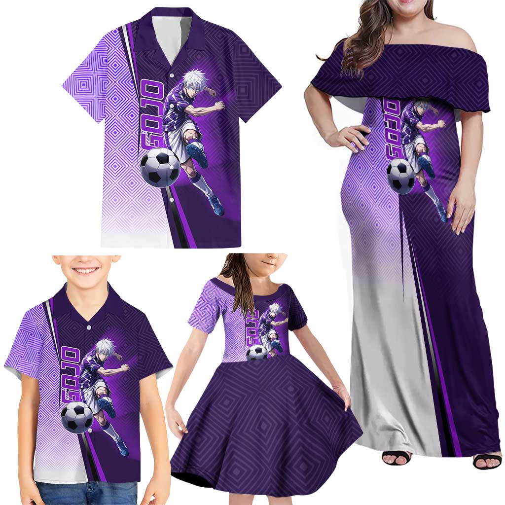 Personalized Gojo Satoru Jujutsu Kaisen Soccer Theme Family Matching Off Shoulder Maxi Dress and Hawaiian Shirt with Kicking Pose and Purple Gradient Geometric Graphic Design