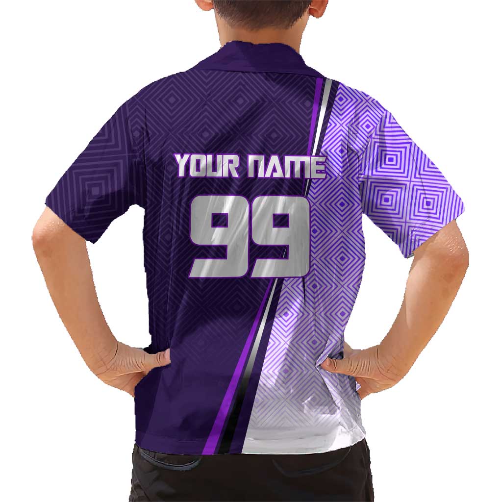Personalized Gojo Satoru Jujutsu Kaisen Soccer Theme Family Matching Off Shoulder Maxi Dress and Hawaiian Shirt with Kicking Pose and Purple Gradient Geometric Graphic Design