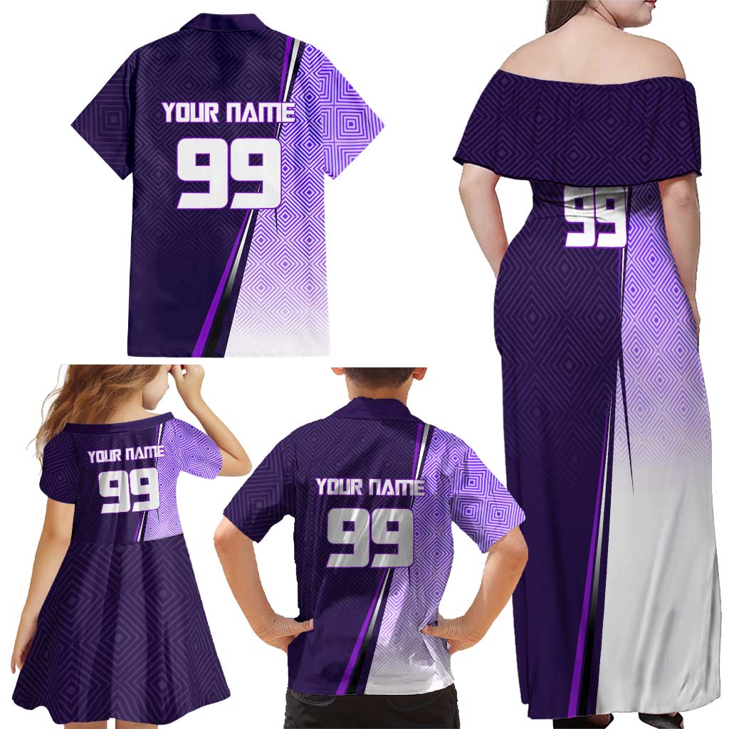 Personalized Gojo Satoru Jujutsu Kaisen Soccer Theme Family Matching Off Shoulder Maxi Dress and Hawaiian Shirt with Kicking Pose and Purple Gradient Geometric Graphic Design