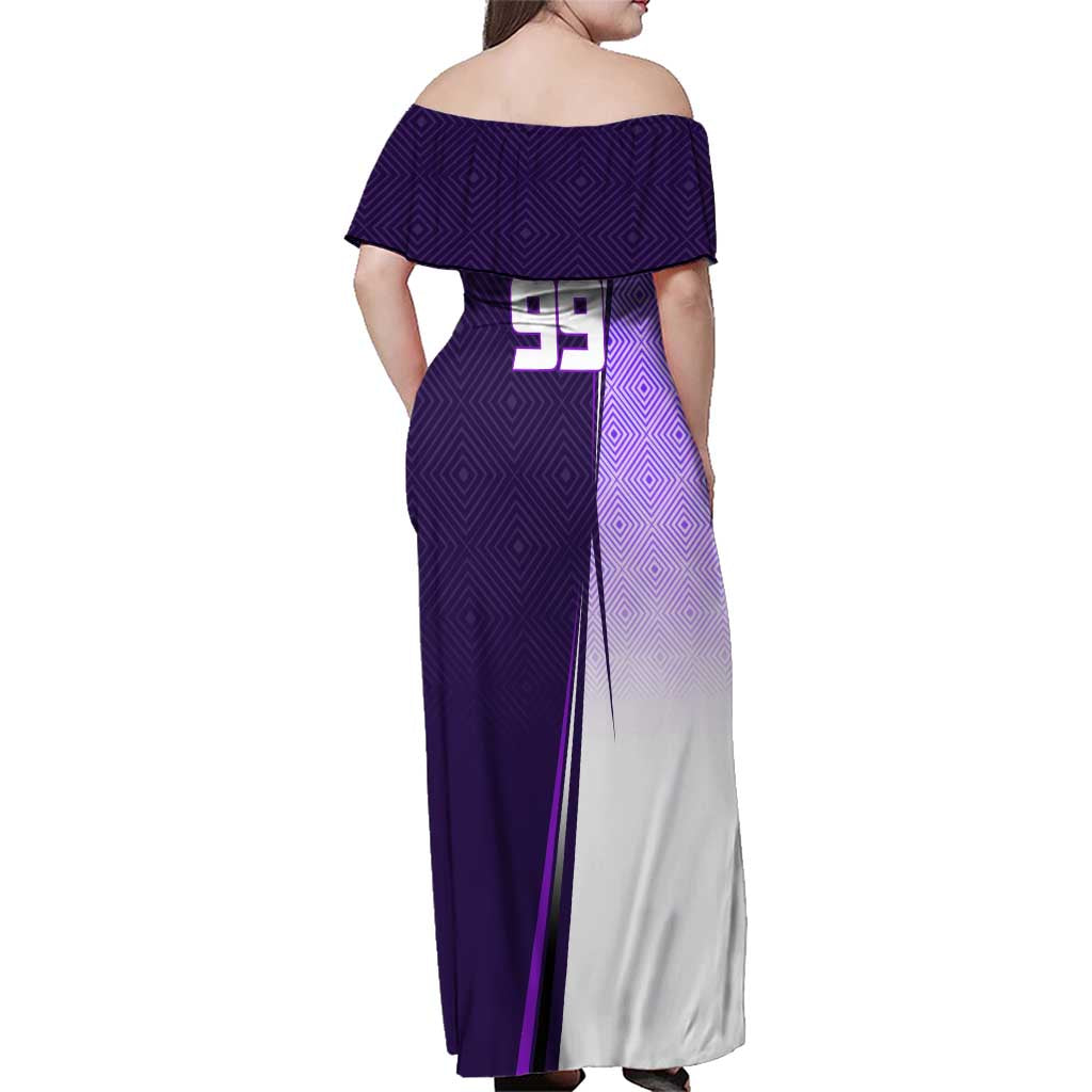 Personalized Gojo Satoru Jujutsu Kaisen Soccer Theme Family Matching Off Shoulder Maxi Dress and Hawaiian Shirt with Kicking Pose and Purple Gradient Geometric Graphic Design