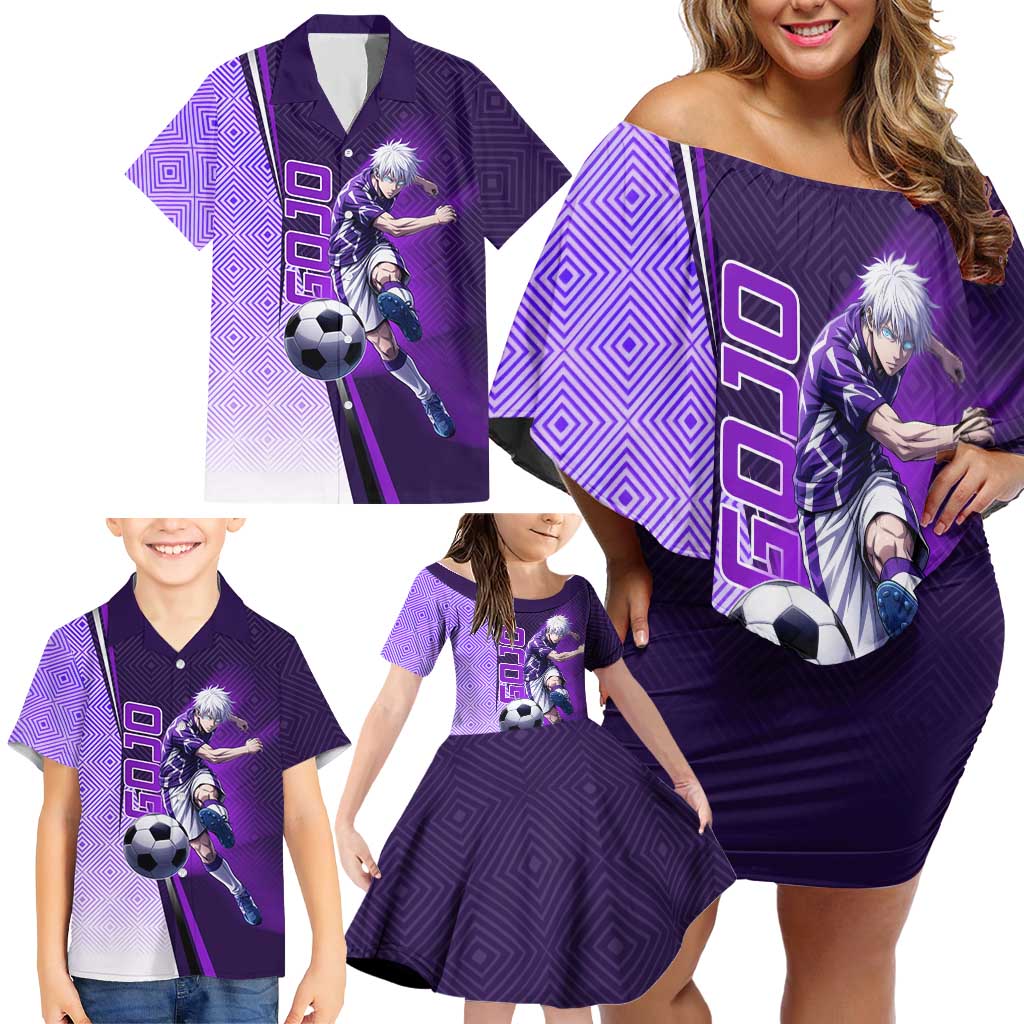 Personalized Gojo Satoru Jujutsu Kaisen Soccer Theme Family Matching Off Shoulder Short Dress and Hawaiian Shirt with Kicking Pose and Purple Gradient Geometric Graphic Design