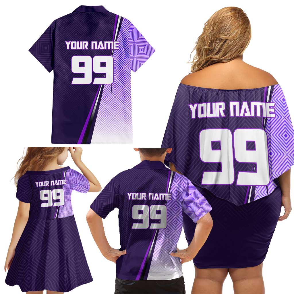 Personalized Gojo Satoru Jujutsu Kaisen Soccer Theme Family Matching Off Shoulder Short Dress and Hawaiian Shirt with Kicking Pose and Purple Gradient Geometric Graphic Design