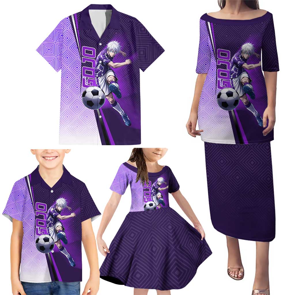 Personalized Gojo Satoru Jujutsu Kaisen Soccer Theme Family Matching Puletasi and Hawaiian Shirt with Kicking Pose and Purple Gradient Geometric Graphic Design