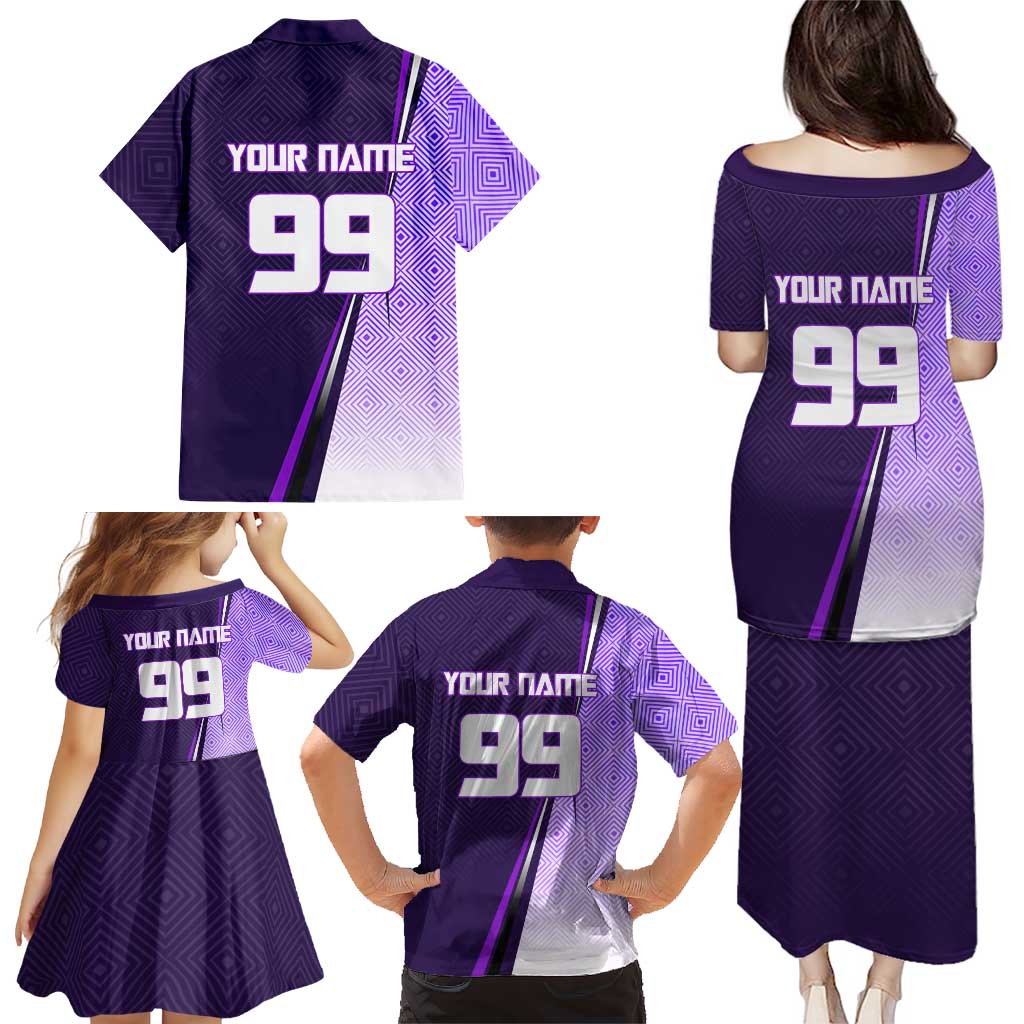Personalized Gojo Satoru Jujutsu Kaisen Soccer Theme Family Matching Puletasi and Hawaiian Shirt with Kicking Pose and Purple Gradient Geometric Graphic Design