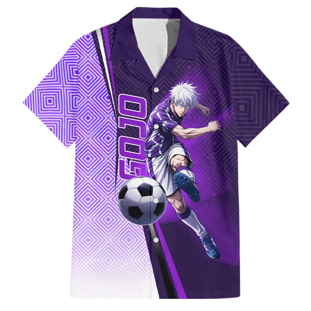 Personalized Gojo Satoru Jujutsu Kaisen Soccer Theme Family Matching Puletasi and Hawaiian Shirt with Kicking Pose and Purple Gradient Geometric Graphic Design