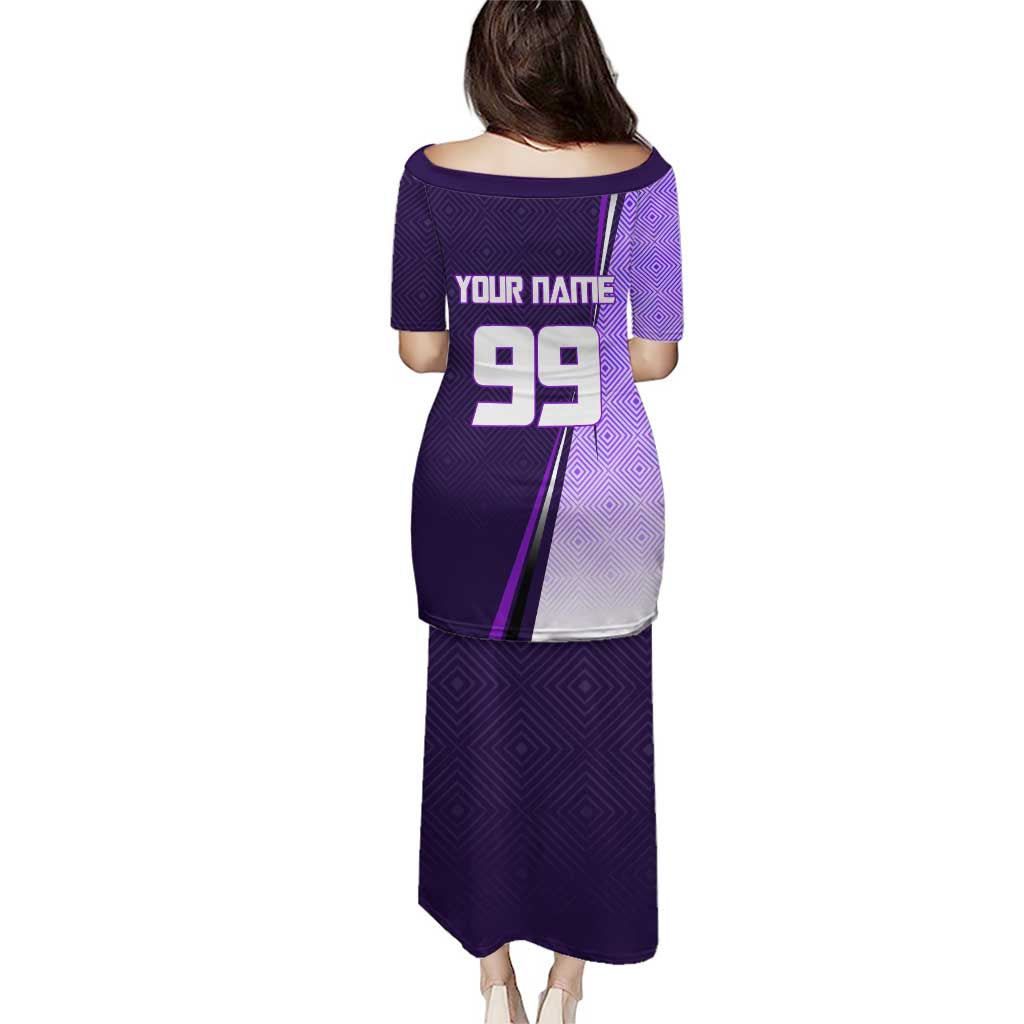 Personalized Gojo Satoru Jujutsu Kaisen Soccer Theme Family Matching Puletasi and Hawaiian Shirt with Kicking Pose and Purple Gradient Geometric Graphic Design