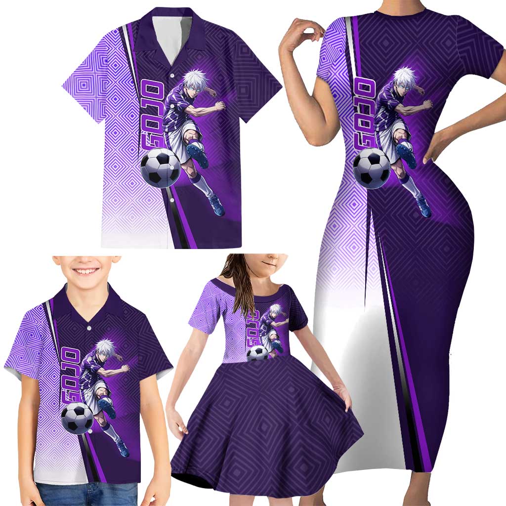 Personalized Gojo Satoru Jujutsu Kaisen Soccer Theme Family Matching Short Sleeve Bodycon Dress and Hawaiian Shirt with Kicking Pose and Purple Gradient Geometric Graphic Design