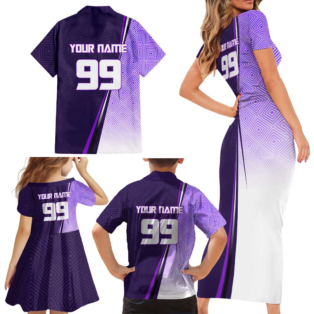 Personalized Gojo Satoru Jujutsu Kaisen Soccer Theme Family Matching Short Sleeve Bodycon Dress and Hawaiian Shirt with Kicking Pose and Purple Gradient Geometric Graphic Design