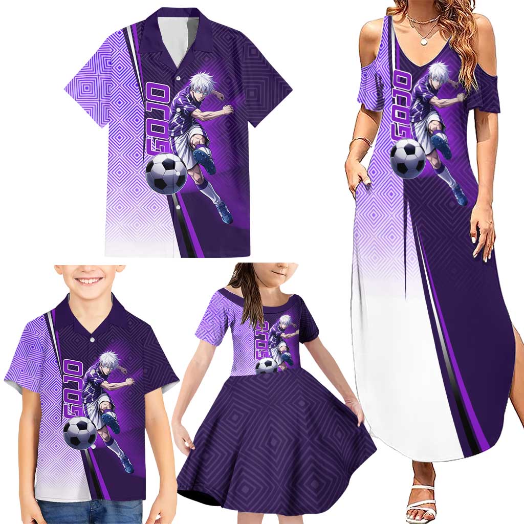 Personalized Gojo Satoru Jujutsu Kaisen Soccer Theme Family Matching Summer Maxi Dress and Hawaiian Shirt with Kicking Pose and Purple Gradient Geometric Graphic Design