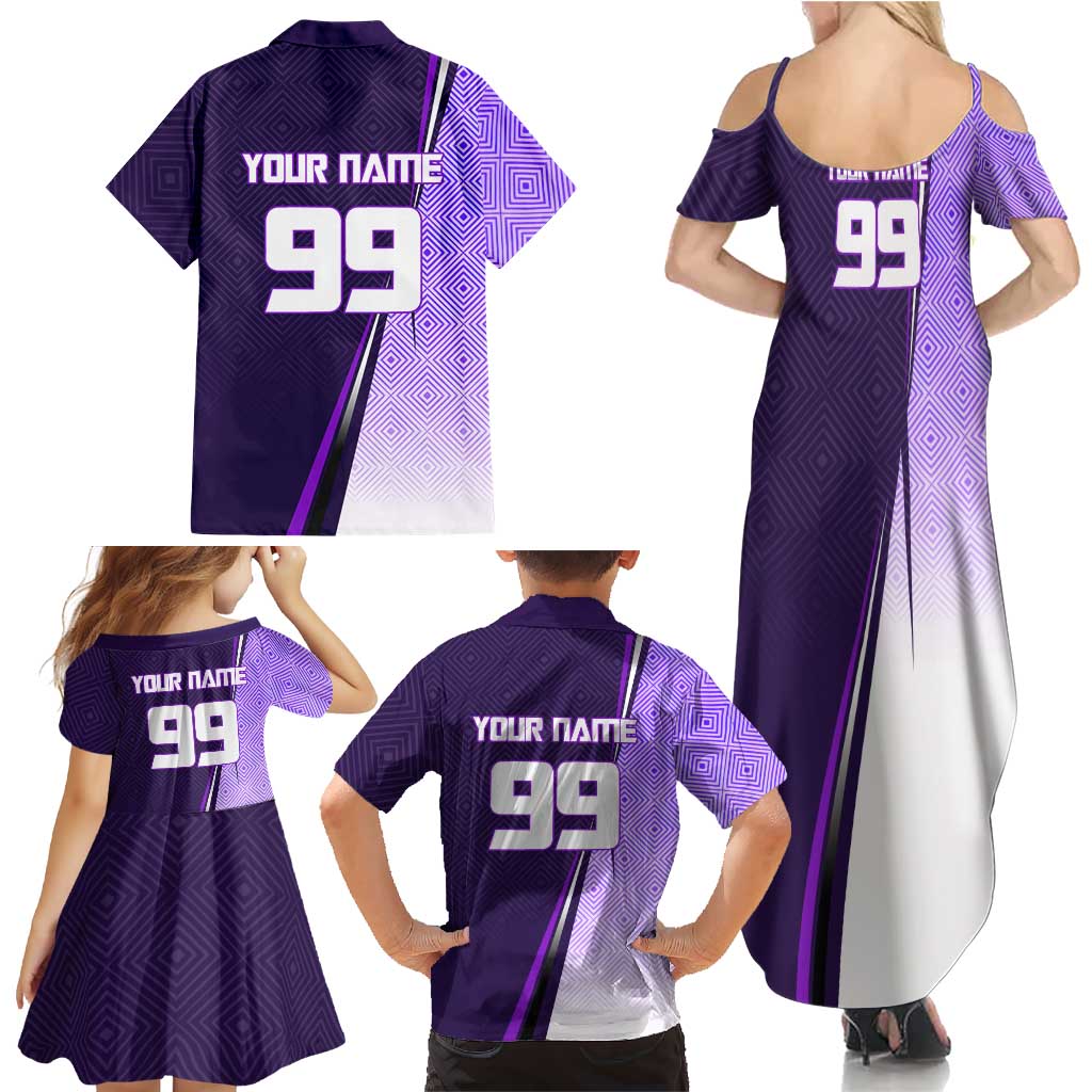Personalized Gojo Satoru Jujutsu Kaisen Soccer Theme Family Matching Summer Maxi Dress and Hawaiian Shirt with Kicking Pose and Purple Gradient Geometric Graphic Design
