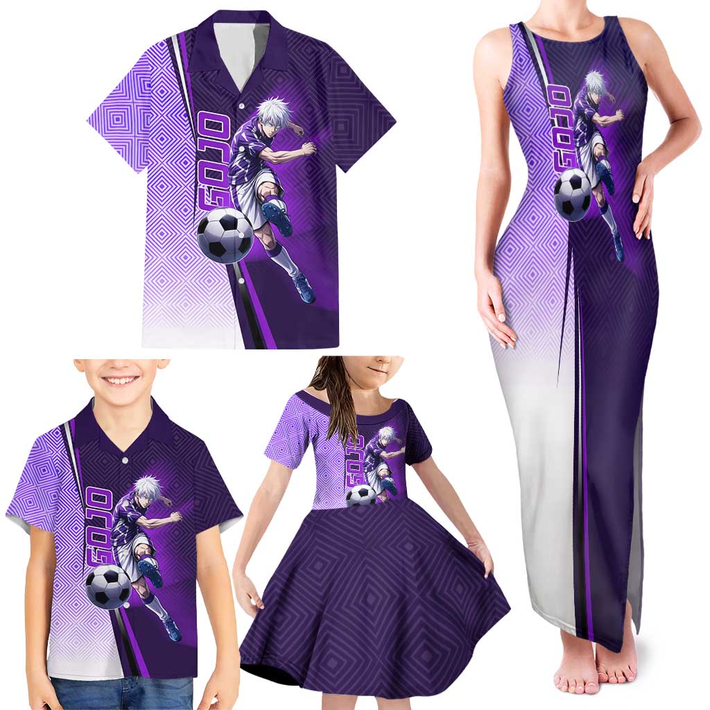 Personalized Gojo Satoru Jujutsu Kaisen Soccer Theme Family Matching Tank Maxi Dress and Hawaiian Shirt with Kicking Pose and Purple Gradient Geometric Graphic Design