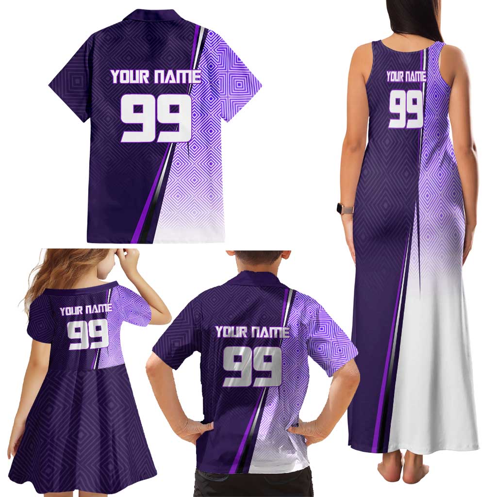 Personalized Gojo Satoru Jujutsu Kaisen Soccer Theme Family Matching Tank Maxi Dress and Hawaiian Shirt with Kicking Pose and Purple Gradient Geometric Graphic Design
