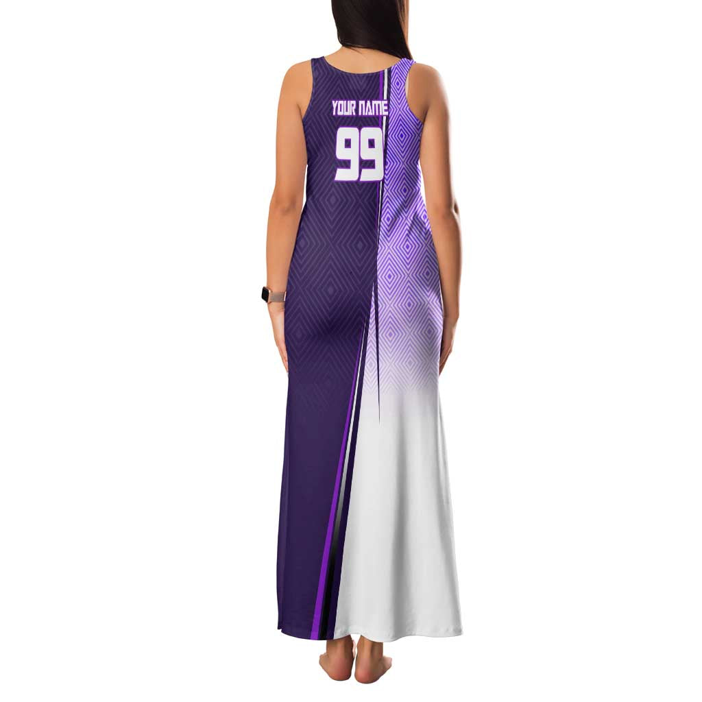 Personalized Gojo Satoru Jujutsu Kaisen Soccer Theme Family Matching Tank Maxi Dress and Hawaiian Shirt with Kicking Pose and Purple Gradient Geometric Graphic Design