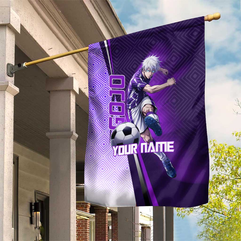 Personalized Gojo Satoru Jujutsu Kaisen Soccer Theme Garden Flag with Kicking Pose and Purple Gradient Geometric Graphic Design - The Mazicc
