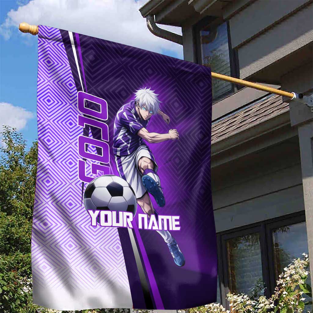 Personalized Gojo Satoru Jujutsu Kaisen Soccer Theme Garden Flag with Kicking Pose and Purple Gradient Geometric Graphic Design - The Mazicc