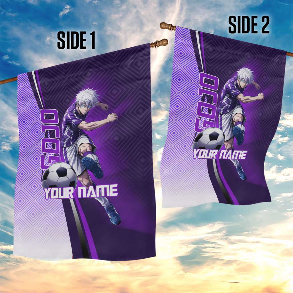 Personalized Gojo Satoru Jujutsu Kaisen Soccer Theme Garden Flag with Kicking Pose and Purple Gradient Geometric Graphic Design - The Mazicc