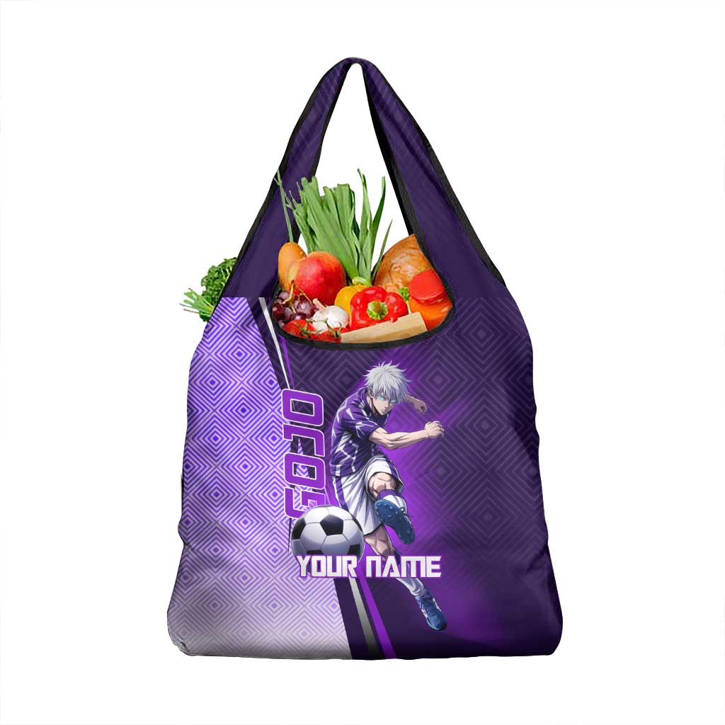 Personalized Gojo Satoru Jujutsu Kaisen Soccer Theme Grocery Bag with Kicking Pose and Purple Gradient Geometric Graphic Design - The Mazicc