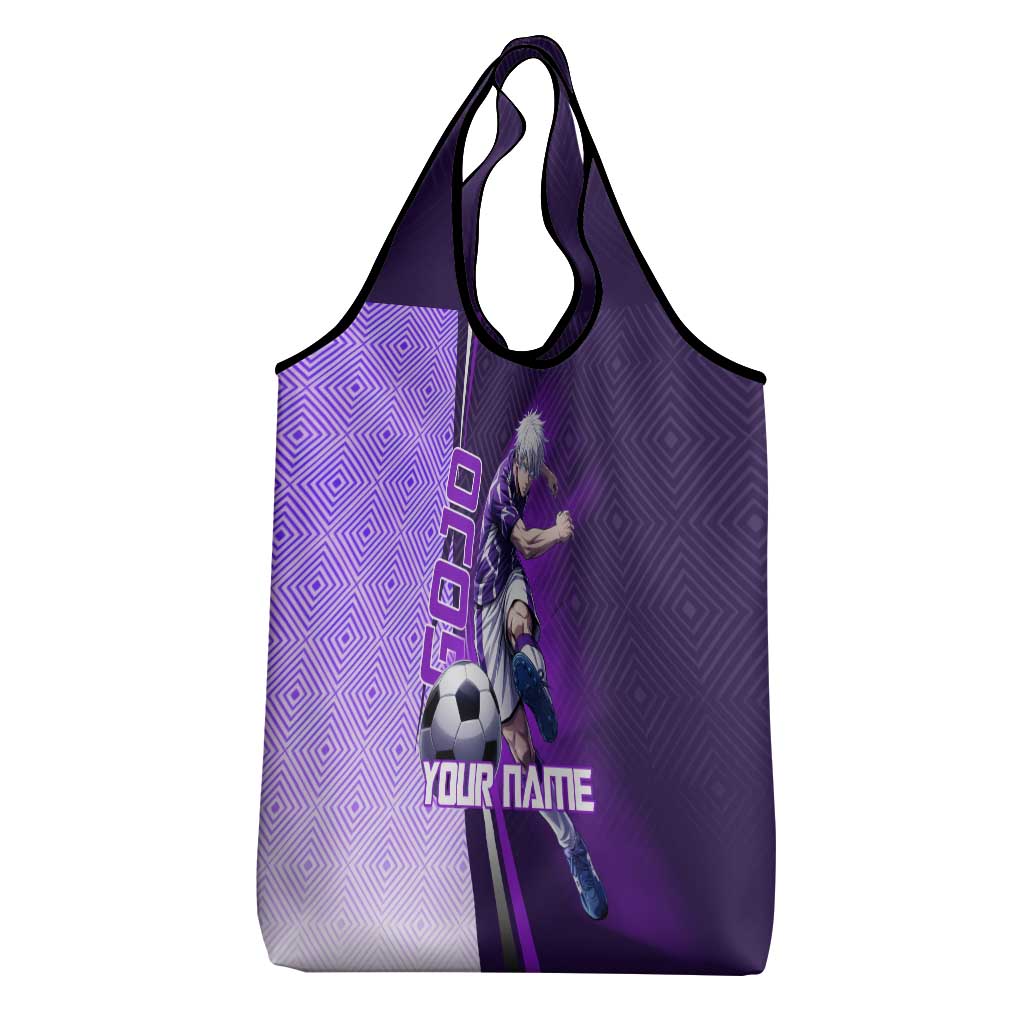 Personalized Gojo Satoru Jujutsu Kaisen Soccer Theme Grocery Bag with Kicking Pose and Purple Gradient Geometric Graphic Design - The Mazicc