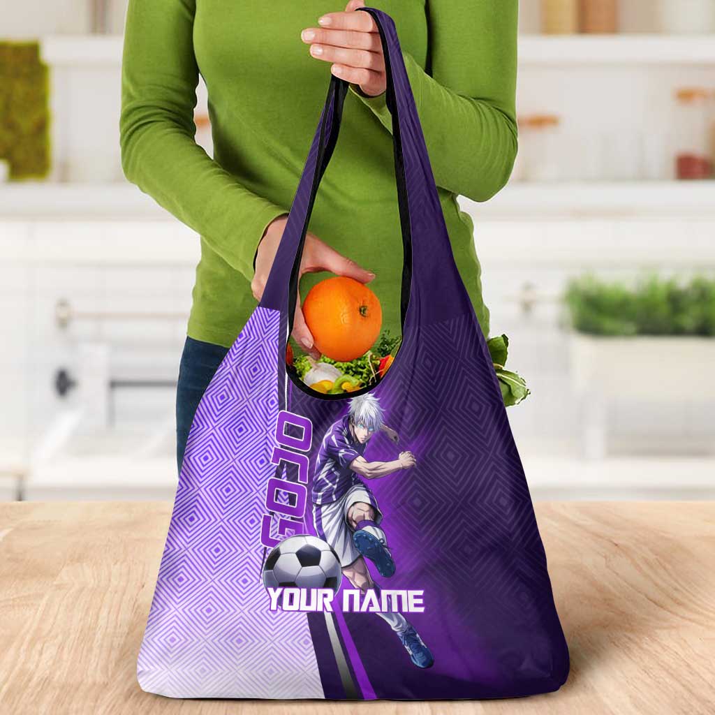 Personalized Gojo Satoru Jujutsu Kaisen Soccer Theme Grocery Bag with Kicking Pose and Purple Gradient Geometric Graphic Design - The Mazicc