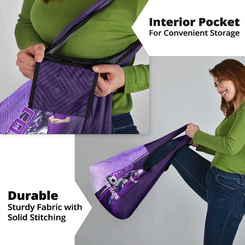Personalized Gojo Satoru Jujutsu Kaisen Soccer Theme Grocery Bag with Kicking Pose and Purple Gradient Geometric Graphic Design - The Mazicc