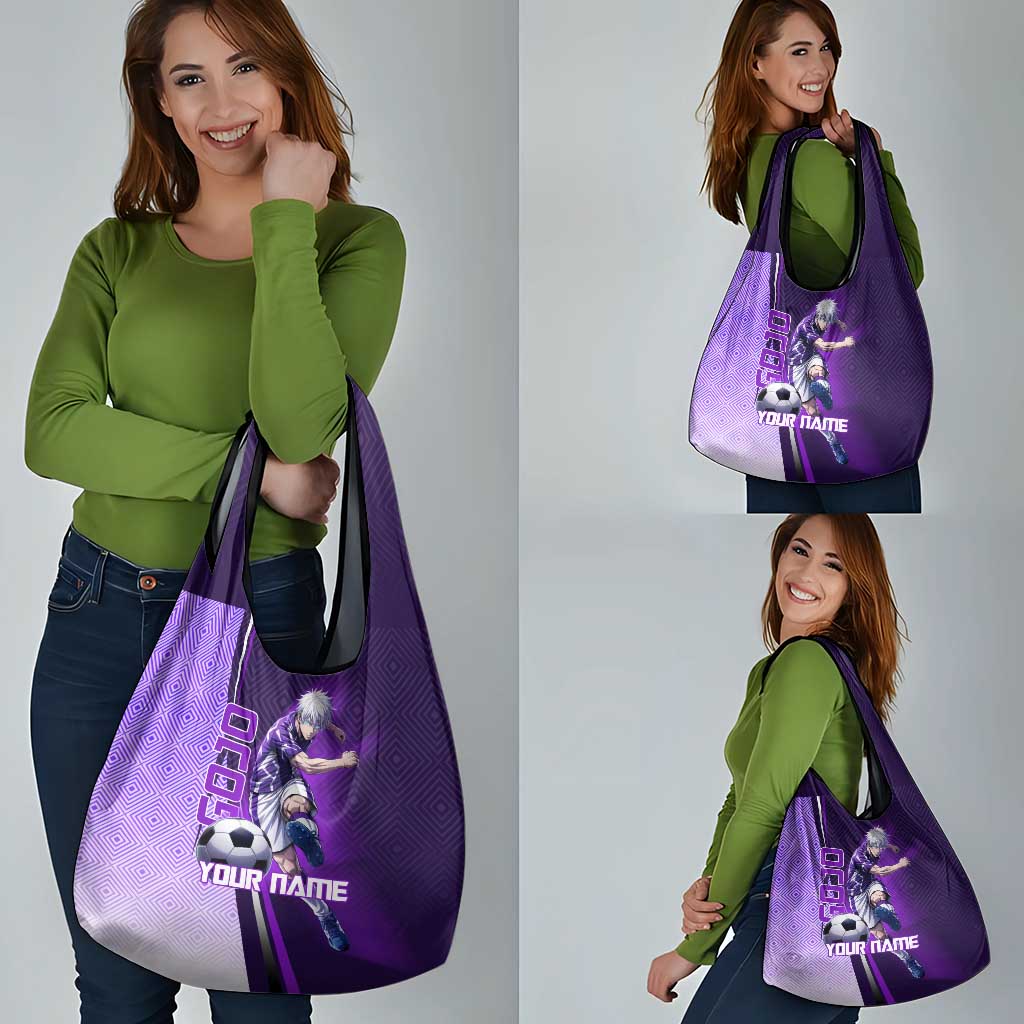 Personalized Gojo Satoru Jujutsu Kaisen Soccer Theme Grocery Bag with Kicking Pose and Purple Gradient Geometric Graphic Design - The Mazicc