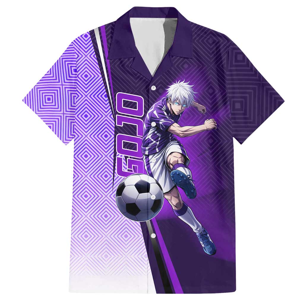 Personalized Gojo Satoru Jujutsu Kaisen Soccer Theme Hawaiian Shirt with Kicking Pose and Purple Gradient Geometric Graphic Design - The Mazicc