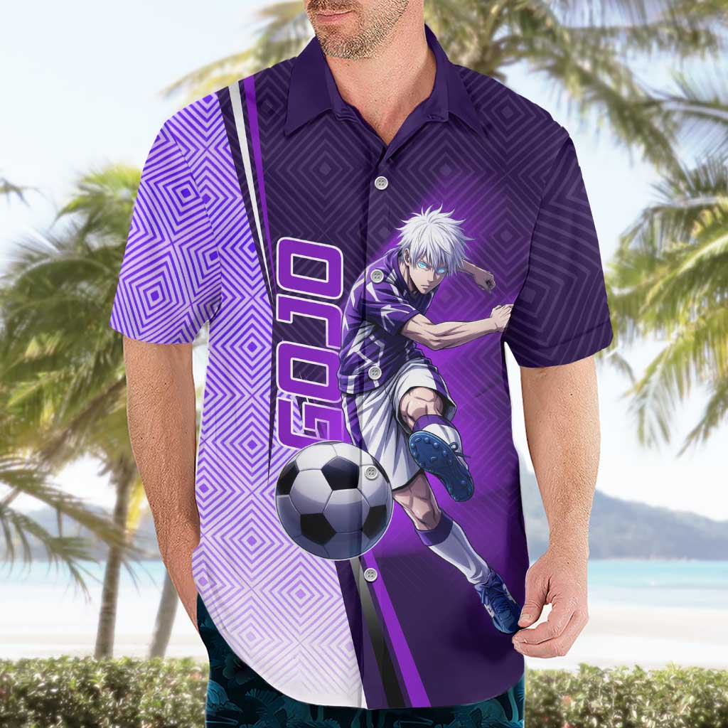 Personalized Gojo Satoru Jujutsu Kaisen Soccer Theme Hawaiian Shirt with Kicking Pose and Purple Gradient Geometric Graphic Design - The Mazicc