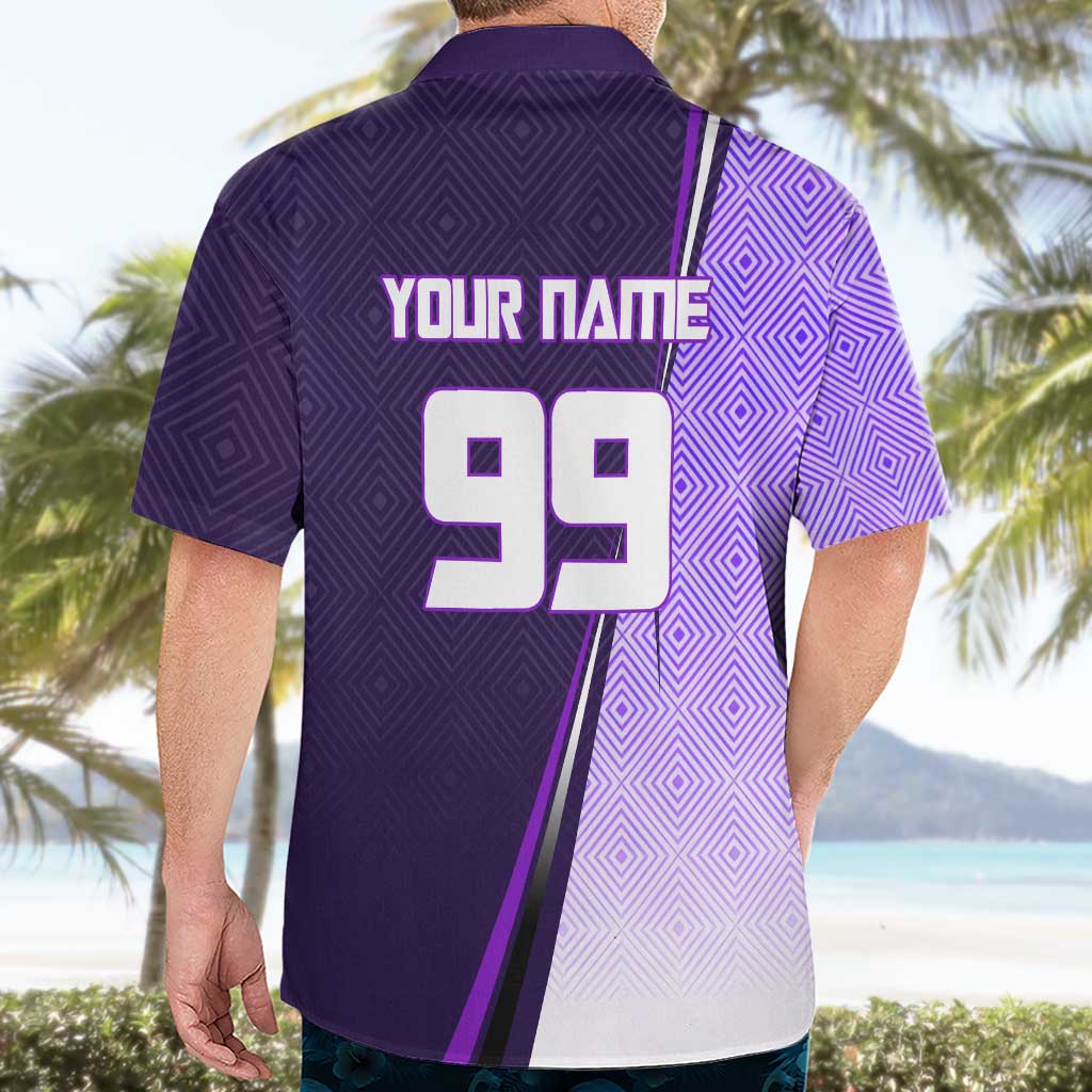 Personalized Gojo Satoru Jujutsu Kaisen Soccer Theme Hawaiian Shirt with Kicking Pose and Purple Gradient Geometric Graphic Design - The Mazicc