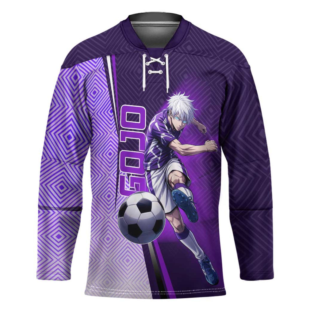 Personalized Gojo Satoru Jujutsu Kaisen Soccer Theme Hockey Jersey with Kicking Pose and Purple Gradient Geometric Graphic Design - The Mazicc