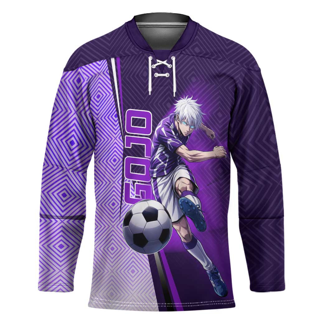 Personalized Gojo Satoru Jujutsu Kaisen Soccer Theme Hockey Jersey with Kicking Pose and Purple Gradient Geometric Graphic Design - The Mazicc