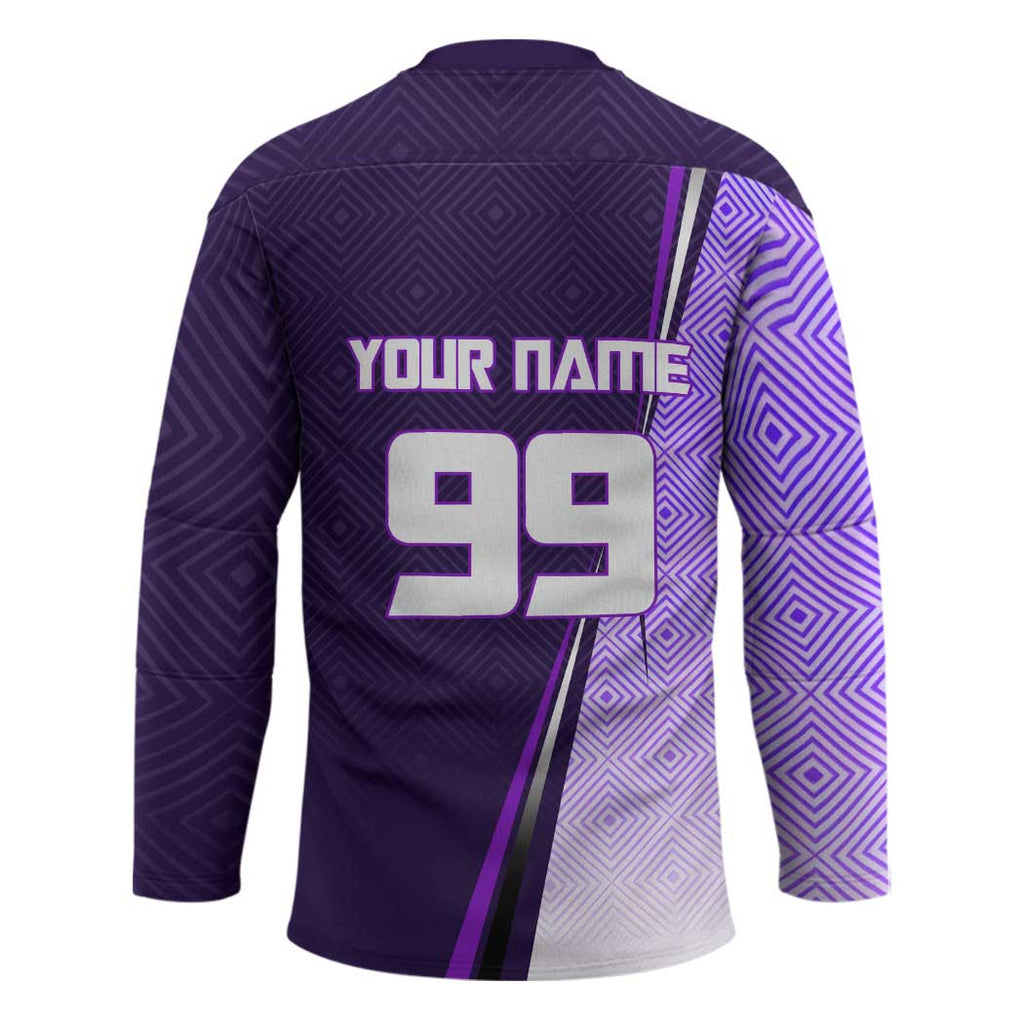 Personalized Gojo Satoru Jujutsu Kaisen Soccer Theme Hockey Jersey with Kicking Pose and Purple Gradient Geometric Graphic Design - The Mazicc
