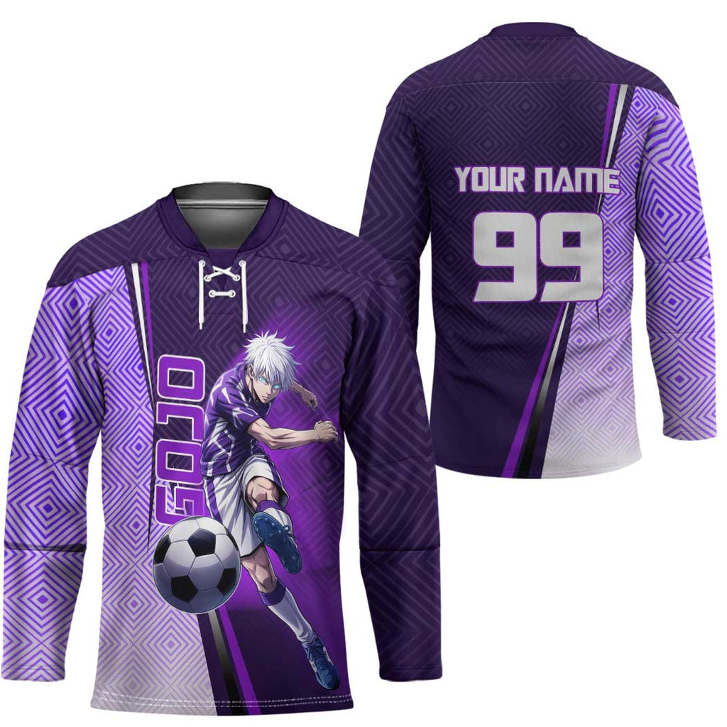 Personalized Gojo Satoru Jujutsu Kaisen Soccer Theme Hockey Jersey with Kicking Pose and Purple Gradient Geometric Graphic Design - The Mazicc