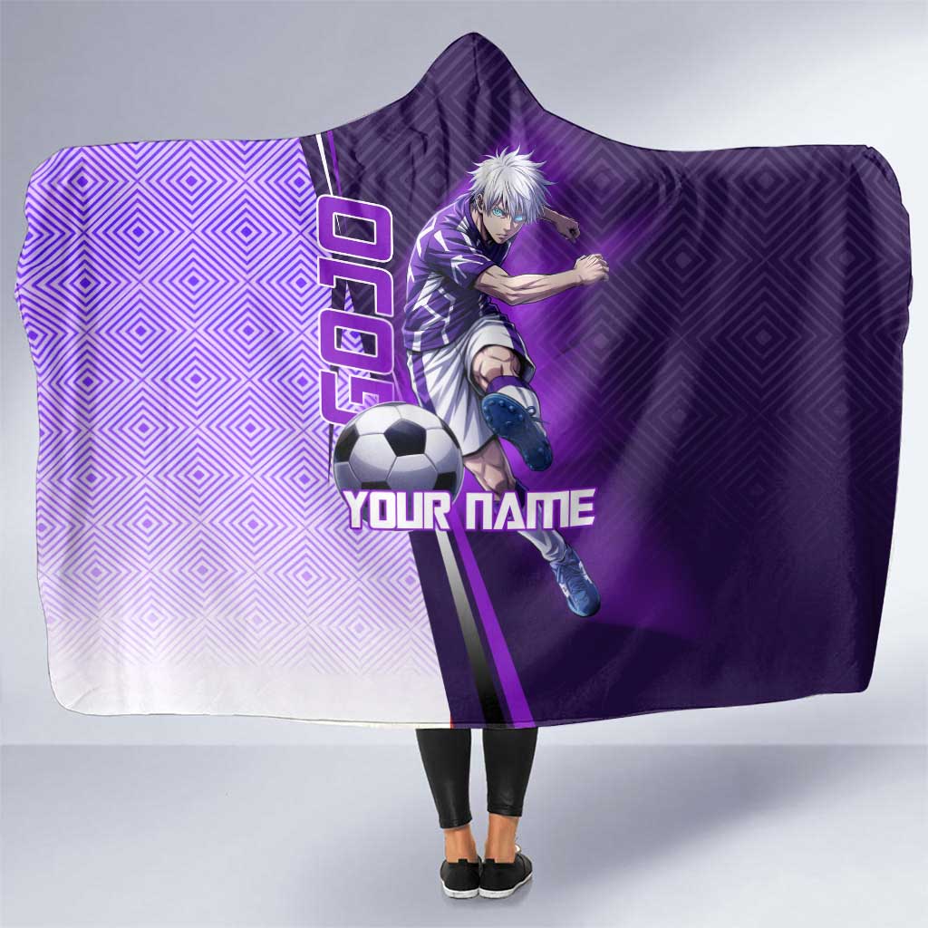 Personalized Gojo Satoru Jujutsu Kaisen Soccer Theme Hooded Blanket with Kicking Pose and Purple Gradient Geometric Graphic Design - The Mazicc