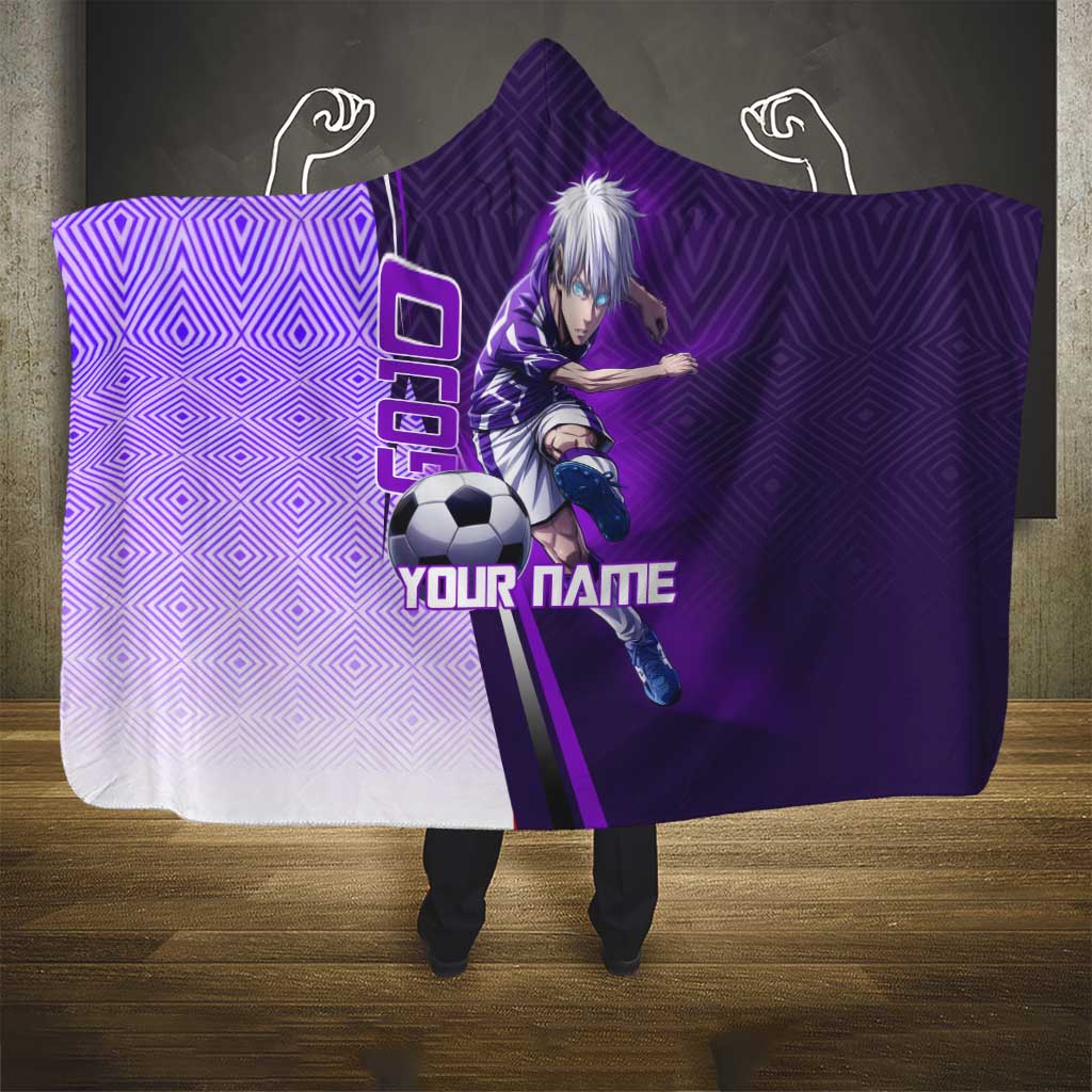 Personalized Gojo Satoru Jujutsu Kaisen Soccer Theme Hooded Blanket with Kicking Pose and Purple Gradient Geometric Graphic Design - The Mazicc