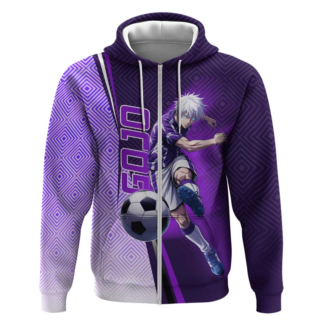 Personalized Gojo Satoru Jujutsu Kaisen Soccer Theme Hoodie with Kicking Pose and Purple Gradient Geometric Graphic Design - The Mazicc
